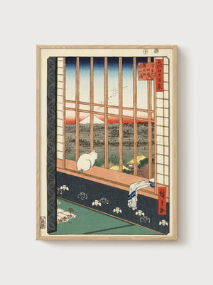 Cat at the Window Japanese Poster poster in oak frame