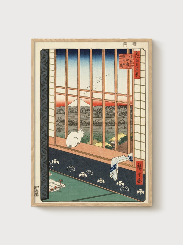 Cat at the Window Japanese Poster poster in oak frame