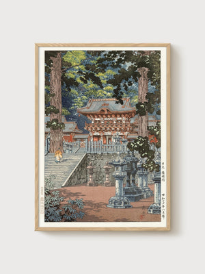 Japanese Temple Woodblock Print poster in oak frame