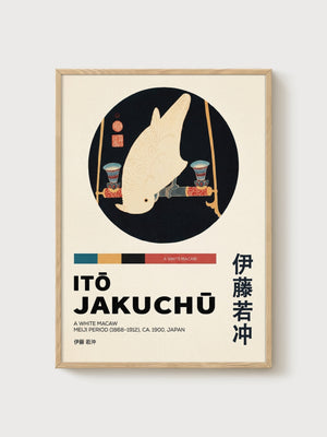 Ito Jakuchu White Macaw Woodblock Print poster in oak frame