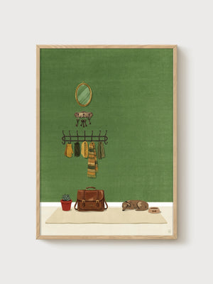 Cozy Entryway Dog Poster poster in oak frame