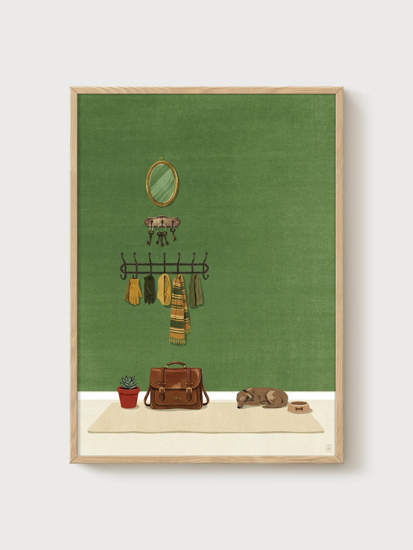 Cozy Entryway Dog Poster poster in oak frame
