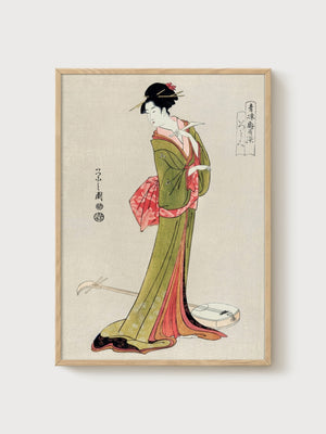 Geisha Ukiyo E Wall Art poster in oak frame