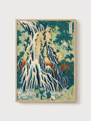 Hokusai Kirifuri Waterfall Woodblock Print poster in oak frame
