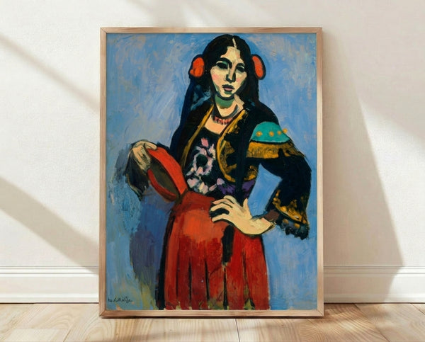 Fauvist portrait of a Spanish woman holding a tambourine, rendered in bold vibrant hues of red, orange, and green on a framed art print.