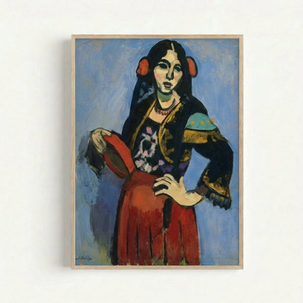 Matisse-style framed poster featuring a woman in traditional Spanish dress with a tambourine, painted in expressive bright colors and loose modernist brushwork.