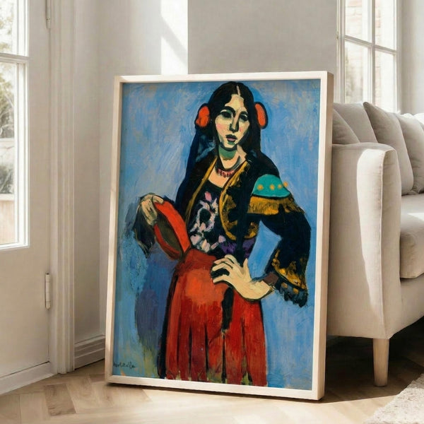 Vibrant framed wall art depicting a Spanish woman with a tambourine in bold orange, red, and green hues in the fauvist style.