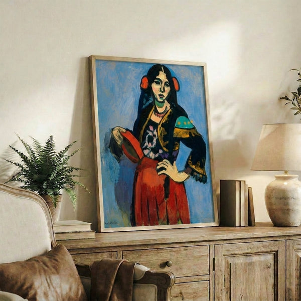 Modern expressionist framed poster of a Spanish woman musician holding a tambourine, featuring saturated jewel tones and simplified abstracted forms.