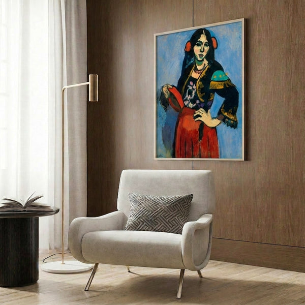 Framed fauvist masterpiece showing a Spanish woman with a tambourine rendered in vivid complementary colors and loose, expressive brushstrokes.