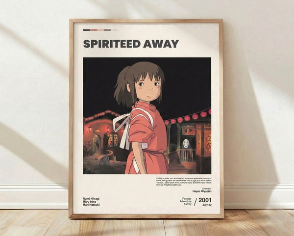 Framed poster of Spirited Away featuring Chihiro in ethereal coral and black tones, holding a lantern amid mysterious spirits and the enchanted bathhouse setting.