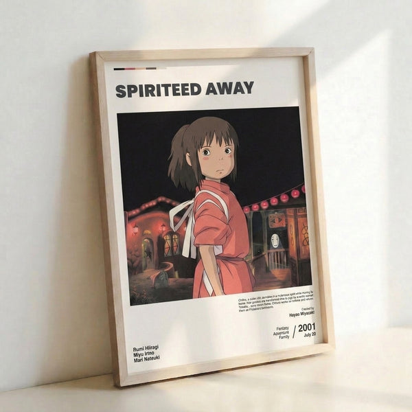 Wall art print depicting the iconic bathhouse scene with Chihiro in the center, rendered in moody coral reds and blacks with a sense of wonder and mystery.