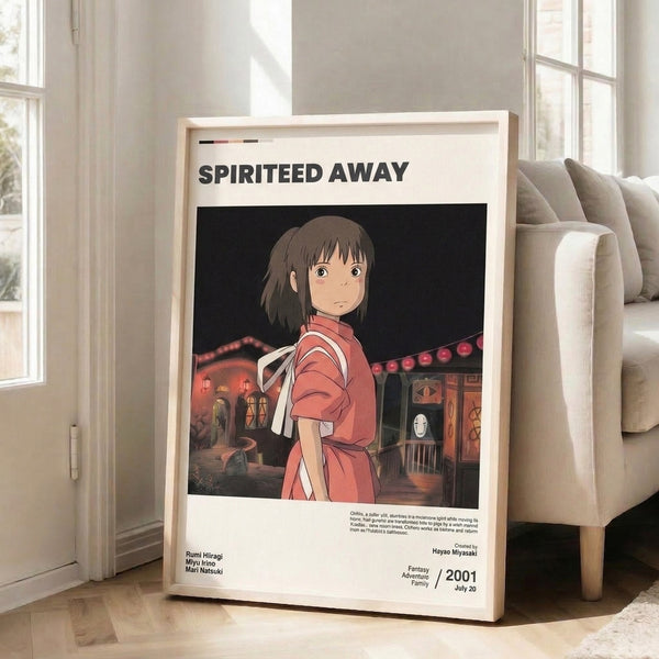 Framed anime poster featuring a pale-skinned character amid swirling spirits and lantern light in burnt orange, black, and cream tones, capturing the film's ethereal mood.