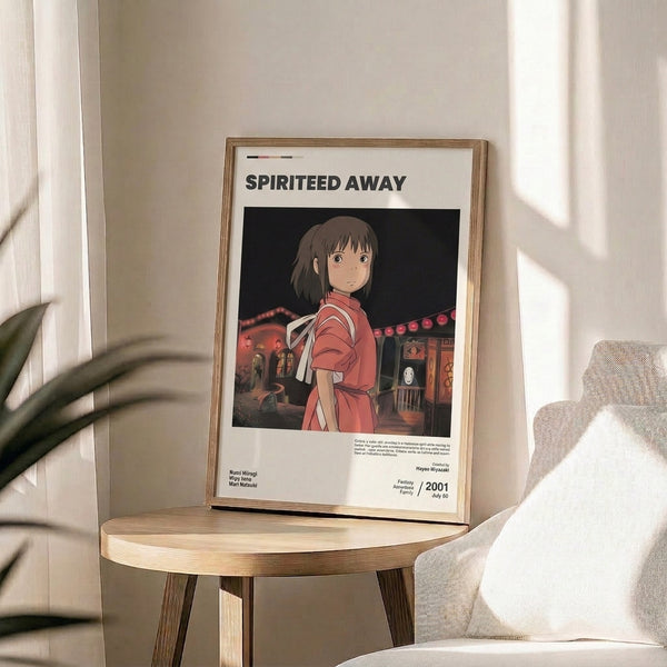Japanese anime art print showing Spirited Away's protagonist surrounded by mysterious spirits and glowing elements in coral red, black, and warm earth tones.