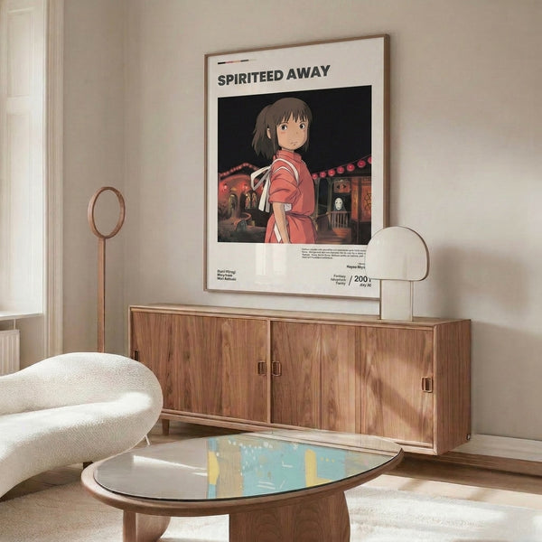 Ghibli-style poster art with a young girl at the center of an enchanted bathhouse scene, blending pale cream and burnt orange with deep blacks for an atmospheric effect.