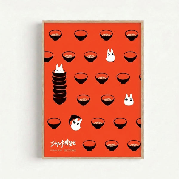 Framed poster art print displaying playful ramen bowl design with spirit figures in bold red and black lines on cream background, nostalgic anime illustration.