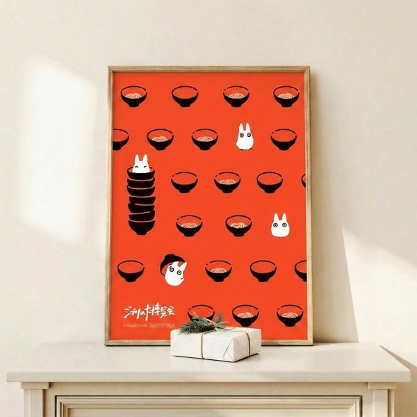 Charming Japanese-inspired poster with spirited ramen bowl characters in a playful, minimalist composition using tomato red, black, and cream palette.