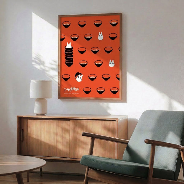 Minimalist anime artwork poster showing ethereal ramen bowl spirits and characters in red, black, and cream tones with playful, nostalgic charm.