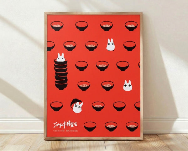 Whimsical ramen bowl artwork inspired by Studio Ghibli, featuring playful spirit creatures and floating bowls in coral red, black, and cream tones with minimalist design.