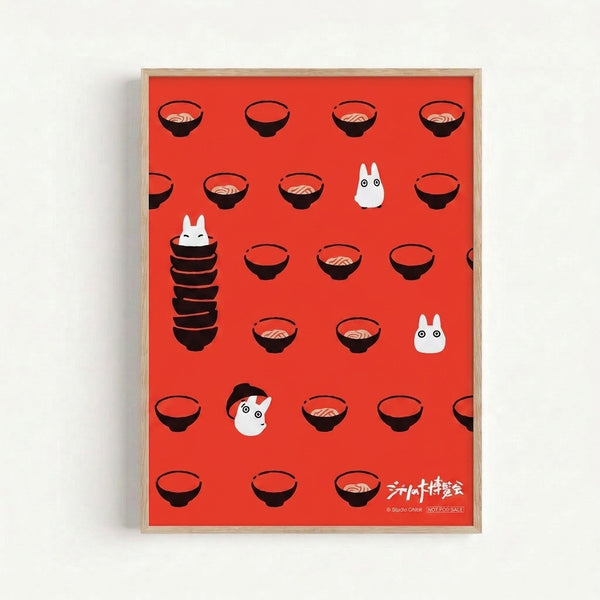 Framed poster art showing iconic ramen bowls with fantastical creatures in a modern minimalist style, rendered in warm coral red and black on cream background.