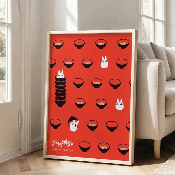 Japanese-style art print featuring whimsical spirit creatures among ramen bowls, rendered in coral red, black, and white with clean, contemporary lines.