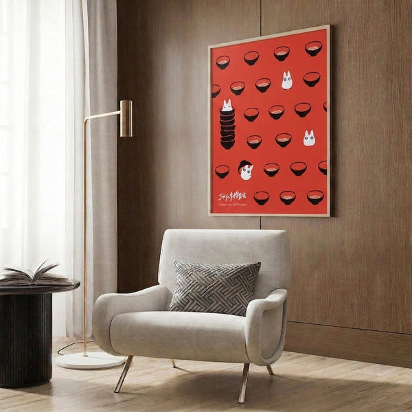Framed kitchen art featuring playful, spirited ramen bowls in warm coral red tones with black accents and minimalist composition on cream backdrop.