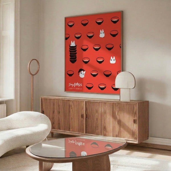 Iconic Studio Ghibli-style poster art showcasing whimsical ramen bowls and fantastical creatures in bold coral red and black, modern minimalist design for home decor.