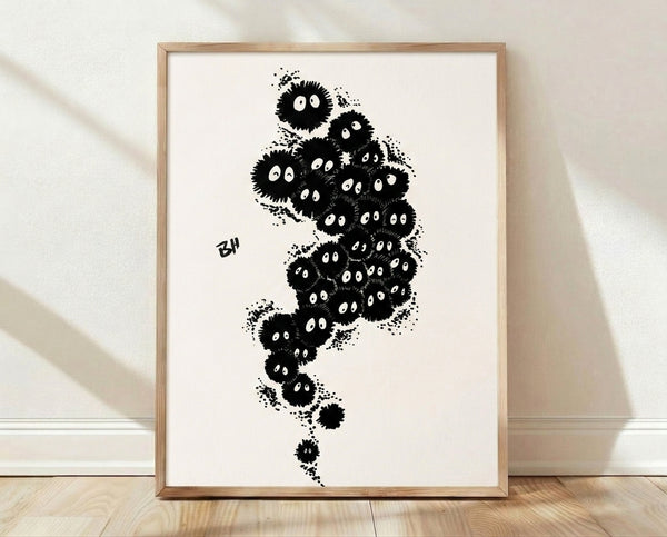 Minimalist black line art poster of whimsical soot sprites from Spirited Away, featuring delicate Ghibli-inspired creatures on cream background, framed on wall.