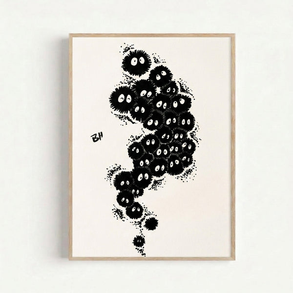 Framed poster art displaying playful soot sprite characters in simple black linework with a slightly eerie charm, rendered in monochromatic Ghibli style.