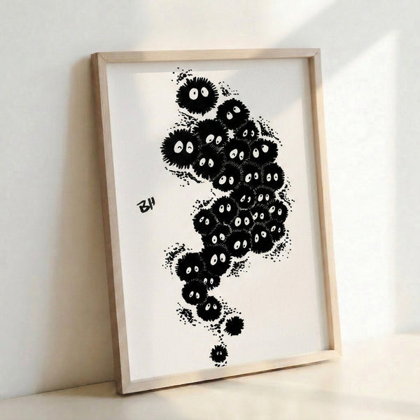Black and white line drawing of charming dust creatures in minimalist Japanese anime aesthetic, capturing the whimsical spirit of Spirited Away as framed wall art.