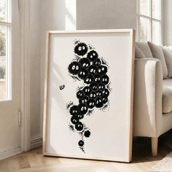 Delicate ink-style illustration of ethereal soot sprites in Ghibli's signature minimalist design, displayed as a framed print with moody, magical appeal.