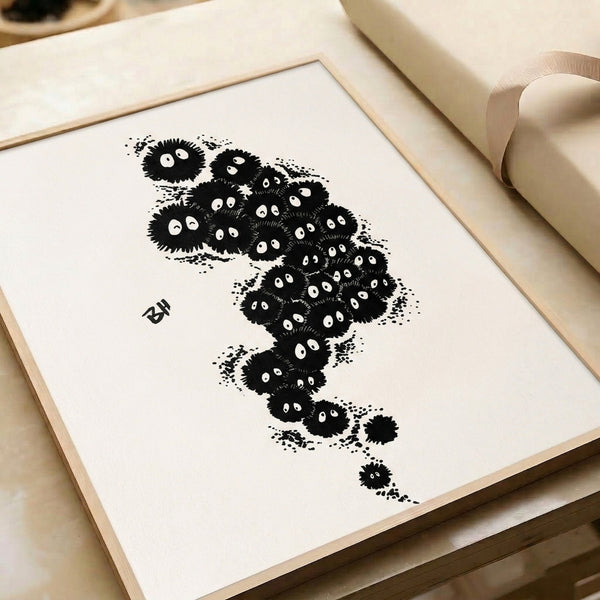 Cream-toned framed poster of elegantly drawn soot sprites in Ghibli's distinctive linework, balancing whimsy with a subtly haunting atmospheric quality.