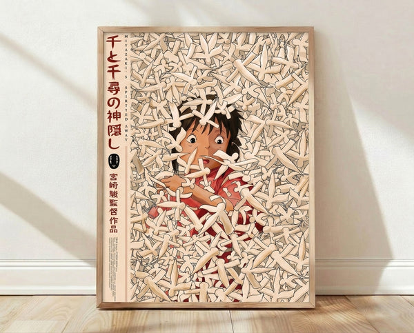 Framed poster art in Japanese woodblock style depicting Chihiro surrounded by whimsical soot sprites in warm cream, tan, and deep red tones, capturing the enchanted spirit world from Studio Ghibli's Spirited Away.