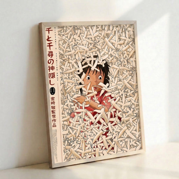 Studio Ghibli wall art featuring Chihiro and ethereal soot sprites in a surreal composition, executed in Japanese woodblock style with warm earth tones and mysterious deep red hues.