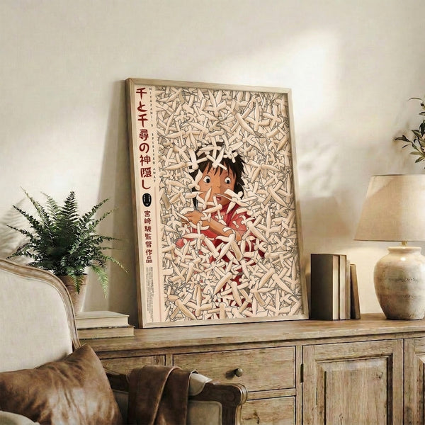 Japanese-inspired wall art print showing a girl amid fantastical soot sprites in enchanted surrealist style, rendered in warm neutrals and deep reds with bold black woodblock elements.