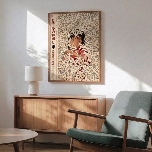 Studio Ghibli framed poster art in woodblock aesthetic depicting Chihiro's face emerging from a crowd of playful spirits in cream, tan, burnt orange, and black tones.