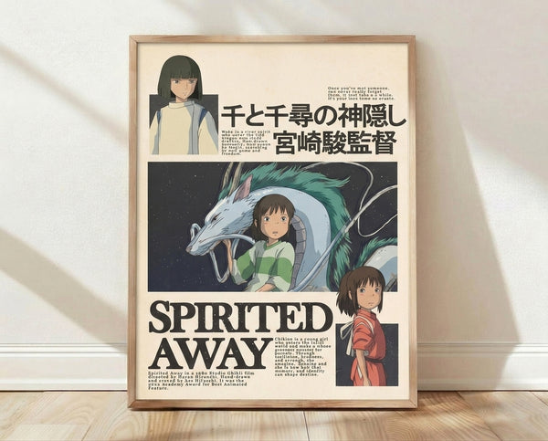 Studio Ghibli anime poster featuring Chihiro and Haku the dragon in whimsical, emotionally resonant illustration with cream, teal, and coral tones.