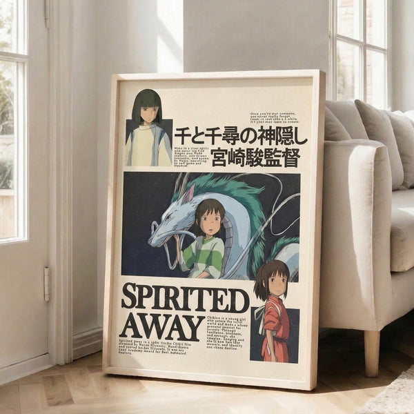 Japanese anime poster featuring two characters—a girl and dragon spirit—in dreamy, hand-drawn Ghibli aesthetic with coral and teal accents.