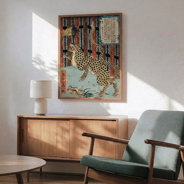 Mystical Ukiyo-e inspired poster art displaying a crane and leopard within an interior architectural frame, rich with calligraphic details and pale blue elements.