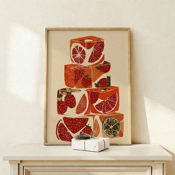 Modern botanical print with stylized strawberry and citrus fruit arranged in organized cube shapes, rendered in warm terracotta and cool green tones with clean line work.