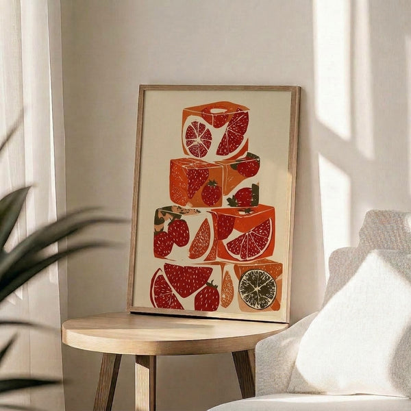 Framed abstract fruit poster combining strawberry, lemon, and grapefruit motifs in a minimalist composition of stacked geometric forms in cream, rust, and dark green.