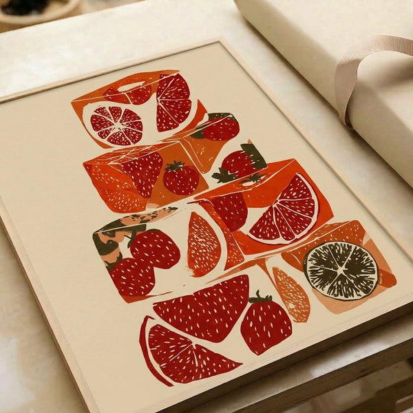 Contemporary kitchen art print showcasing playful stacked citrus and strawberry designs with minimalist line illustration in burnt orange, rust red, and forest green on a cream field.
