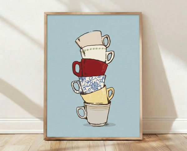 Minimalist line art poster featuring three stacked teacups in light blue, cream, red, and yellow on a white background, creating a cozy and whimsical aesthetic.