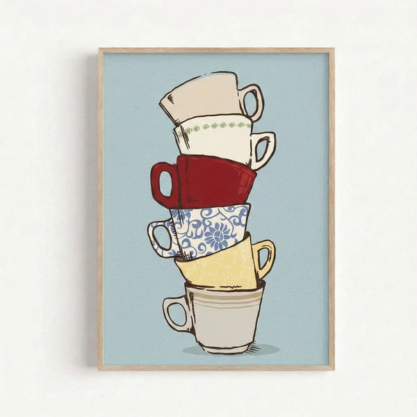 Framed line drawing of nested teacups in soft pastels and navy blue, showcasing a cheerful minimalist design perfect for home décor.