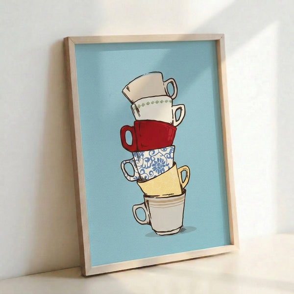 Simple line art illustration of stacked pottery teacups with warm color accents, displayed as a framed print on a wall.