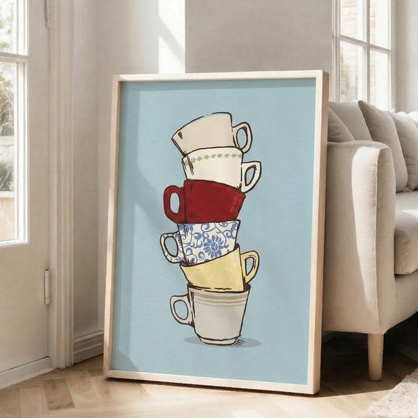 Whimsical teacup stack rendered in clean lines with light blue, cream, red, and yellow tones, a minimalist poster print for living spaces.