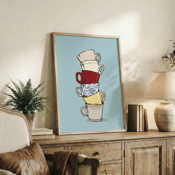 Elegant line art composition of nested teacups in soft hues and navy, bringing a cozy, Japanese-inspired minimalist feel to wall décor.
