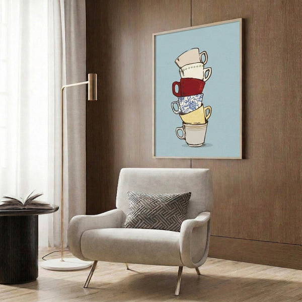 Charming minimalist poster showing three stacked teacups in pastel and bold colors through delicate line work and simple forms.