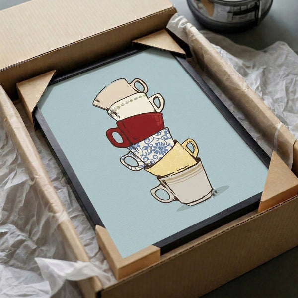 Framed minimalist teacup illustration in light blue, cream, red, yellow, and navy—a cheerful, whimsical line art print for cozy home styling.