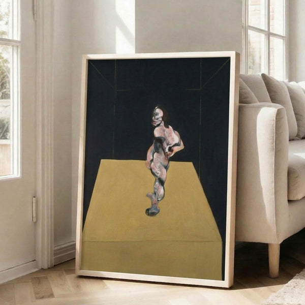 Framed modern art print depicting a solitary figure in earthy browns and charcoal hues, executed with bold, loose brushwork characteristic of contemporary abstract portraiture.