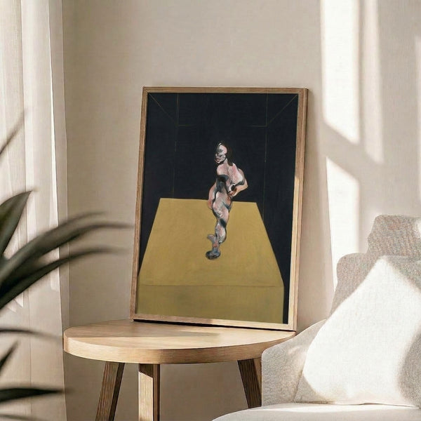 Dark toned poster artwork showing an isolated standing form in ochres and blacks, painted with raw, gestural marks that evoke mystery and introspection.